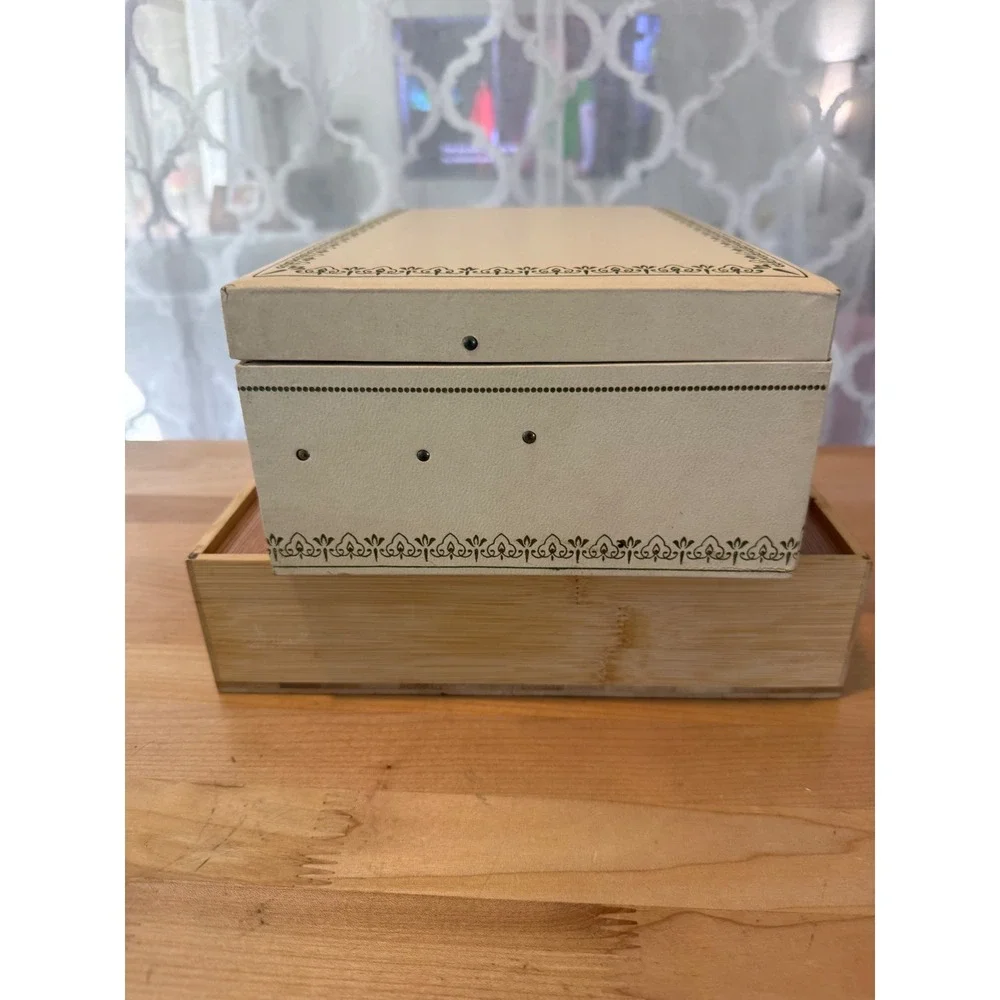 Vintage Cream Faux Leather Multi Tier Jewelry Box Blue Velvet Lilac Satin Lining